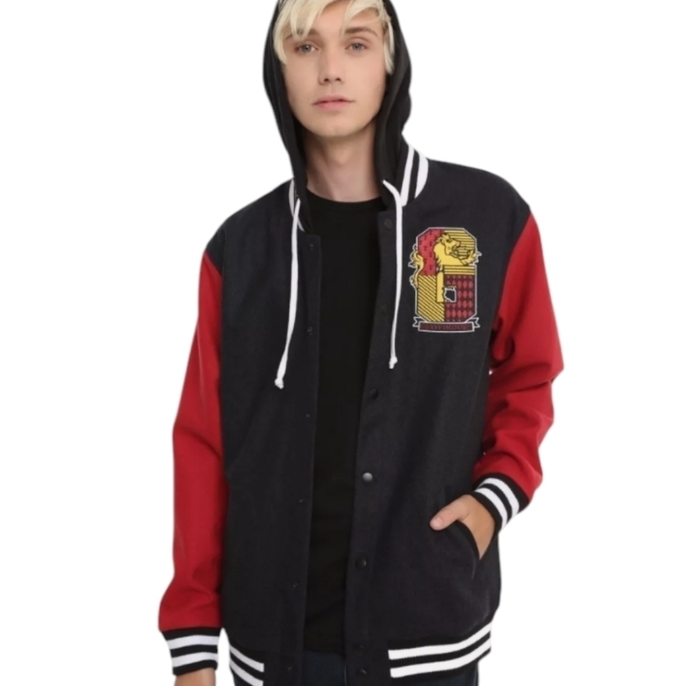 Harry Potter Gryffindor Logo Hooded Varsity red/ black Wool Jacket NWOT Sz L